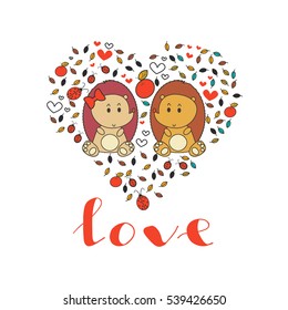 Happy Valentines day card. Cute hedgehog card. Cartoon hedgehog template design. 
