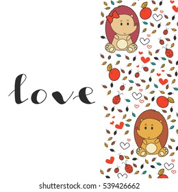 Happy Valentines day card. Cute hedgehog card. Cartoon hedgehog template design. 
