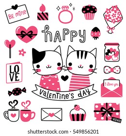 Happy valentine's day card with cute cats. Icons and design elements collection, lollipops, flowers, chocolate, diamond ring, present, cupcake, candle, strawberry. Vector illustration.