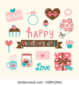 Happy valentine's day card with cute pastel icons and design elements collection, lollipops, flowers, chocolate, diamond ring, present, cupcake, love letter, strawberry. Vector illustration. 
