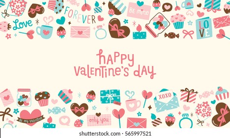 Happy Valentines Day Card With Cute Pastel Icons And Design Elements Collection, Lollipops, Flowers, Chocolate, Diamond Ring, Present, Cupcake, Love Letter, Strawberry. Vector Illustration.