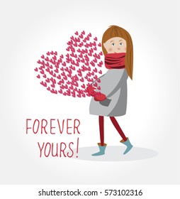 Happy valentine's day card. Cute girl with balloon of hearts. Love concept. Cute character illustration. Fashion people. Creative idea. Template, banner, poster for 14 february.Flat style illustration