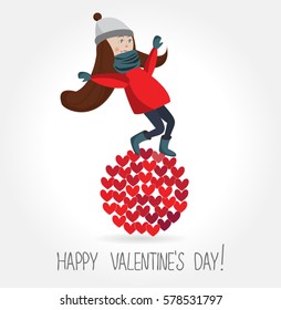 Happy valentine's day card. Cute girl on the planet of hearts. Love concept. Cute character illustration. Fashion people. Creative idea. Template for banner. poster, congratulation for 14 february