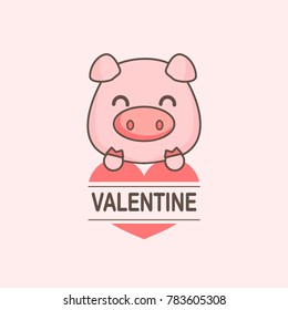 Happy valentine's day card. Cute pig with heart cartoon.