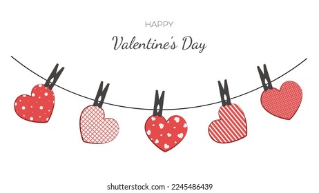 Happy Valentine's Day card with decorated hearts hanging on the rope