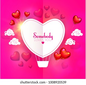 Happy Valentine's Day Card Design Template with Colorful and Glossy Foil Heart Balloons, Paper Clouds and Air Balloon Place For Text.