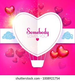 Happy Valentine's Day Card Design Template with Colorful and Glossy Foil Heart Balloons, Paper Clouds and Air Balloon Place For Text. Vector illustration