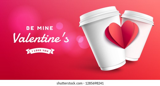 Happy Valentines Day Card Design. Valentines Day banner template with red paper heart. Realistic 3D mock up web banner vector eps 10 design.