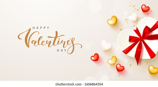 Happy Valentines Day card design with gift box and hearts.Vector illustration. Holiday background for postcard, banner, poster and other design