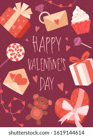 Happy Valentines Day card design with hearts, gifts, candy, engagement ring, cake and a love letter forming a border around the text, vector illustration