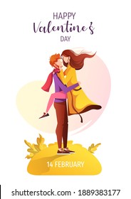 Happy Valentine's Day card design with young couple in love. Relationship, Love, Valentine's day, Romantic concept. A4 vector illustration for banner, poster, card, postcard.