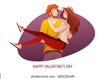 Happy Valentine's Day card design with young couple in love. February 14 Romantic Relationship and Love concept. A4 vector illustration for poster, card, banner, postcard.