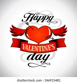 Happy Valentine`s day card design, heart with wings and arrow