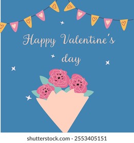 Happy valentine's day card design with floral bouquet and hearts on blue background.