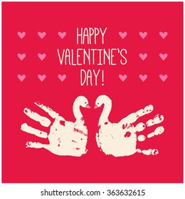 Happy Valentine's Day Card Design. Handprint swan heart. Watercolor / acrylic kids art. Children crafts. Vector eps 10 illustration isolated on white .