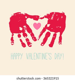 Happy Valentine's Day Card Design With Handprint Heart. Heart Hands. Children Handprint Art. Kids Craft. Vector Eps 10 Illustration