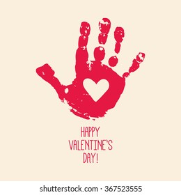 Happy Valentine's Day Card Design With Handprint Heart. Heart Hands. Children Handprint Art.  Kids Hand Print Crafts. Vector Eps 10 Illustration Isolated On White Background.