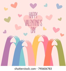 Happy Valentines Day Card Design. Many Hands Making A Heart Shape With Fingers. Romantic Colourful Vector Illustration With Hearts On Background