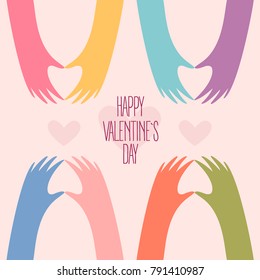 Happy Valentines Day Card Design. Many Hands Making A Heart Shape With Fingers. Romantic Colourful Vector Illustration With Hearts On Background