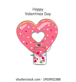 Happy Valentines Day Card With Donut Heart. Kawaii  Donut In Glaze With A Jar Of Hearts.