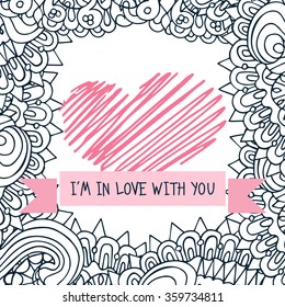 Happy valentines day card with doodle heart, ornament frame and pink ribbon on white background