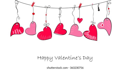 Happy Valentine's Day card with doodle hanging hearts vector