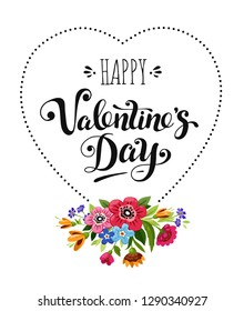 Happy Valentines Day card. Elegant lettering in heart frame decorated flowers. Vector holiday illustration.