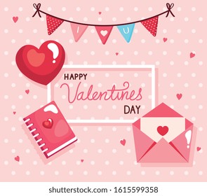 happy valentines day card with envelope and decoration vector illustration design