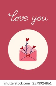 Happy Valentine's Day Card with Envelope and twigs with heart shaped leaves. Simple cute greeting card. Vector illustration.