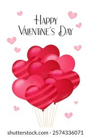 Happy Valentines Day card. February 14 cute hearts romantic vector illustration. Valentine greeting card design vertical. Tied festive helium red heart shaped balloons bunch.