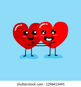 Happy Valentine's day card. feeling in love and hug. Two happy hearts character on blue background vector illustration. 