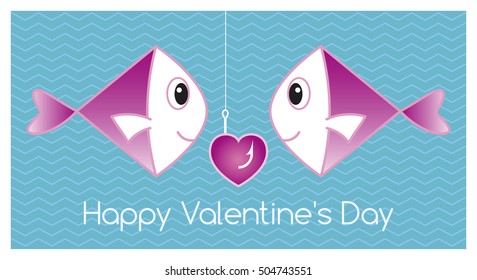 Happy Valentine's Day Card with a Fish Couple. 
