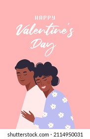 Happy valentine's day card. Flat vector illustration of happy couple.