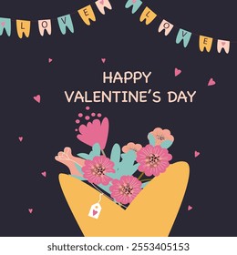 Happy valentine's day card with floral bouquet and love garland decoration.