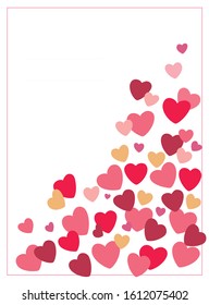 Happy Valentines Day card. Flying red, pink, golden hearts on white background. Template for romantic events with place for your text. Use for card, ads, banner - vector