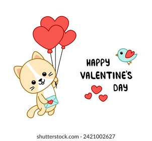 Happy Valentine's Day. Card. Flying kitten. Cartoon, kawaii, vector eps 10