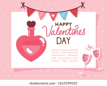 happy valentines day card and fragrance bottle with decoration vector illustration design