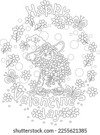 Happy Valentines Day card with a funny little witch holding a beautiful bouquet of flowers and merry butterflies flying around, black and white outline vector cartoon illustration