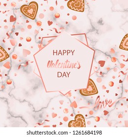 Happy Valentines Day Card with gingerbread hearts on marble background. Holiday template for greeting cards, wedding invitations, menu and postcards with text place.