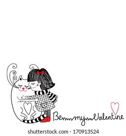 Happy Valentine's Day. Card with girl and cat.