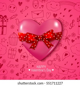 Happy Valentines Day card with glossy 3D heart and red bow. Pink romantic vector background.