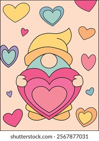 Happy Valentines day card with gnome and hearts