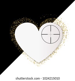 Happy Valentines Day Card with Gold Glittering Star Dust Heart, Golden Sparkles on Black and White Background, Heart At Gunpoint