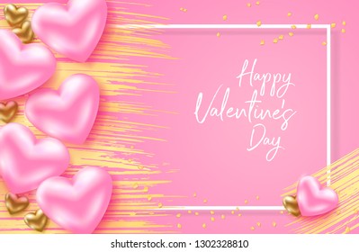 Happy Valentines Day card with gold brush strokes on a pink background. Vector illustration.