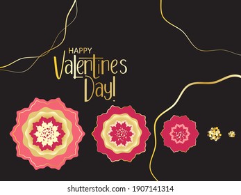 Happy Valentine's Day card with golden hand drawn lettering and gradient pink and gold flowers on black background. Elegant vector design for Valentine's day greeting card, holiday web banner.