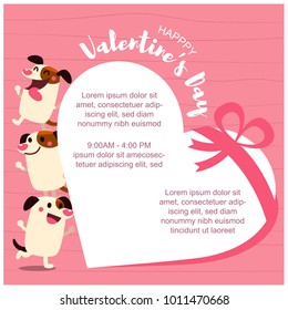 Happy Valentines Day card, greeting card, illustration of a group of cute dog characters with giant heart and space for your message.