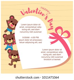 Happy Valentines Day card, greeting card, illustration of a group of cute bear characters with giant heart and space for your message.