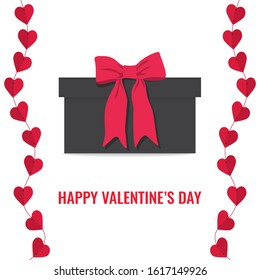 Happy Valentines day card. Grey gift box with red bow with garlands of hearts on white background. Vector image for advertising, web banner, printing.