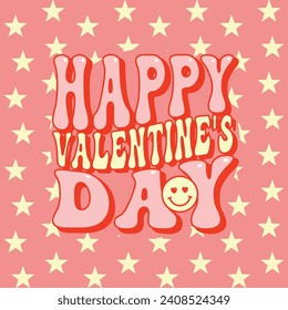 Happy Valentine's day card, groovy lettering, funky poster, postcard, invitation, banner, disco inspired vector illustration