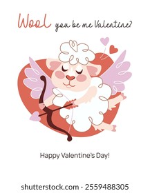 Happy Valentines Day card with hand drawn cupid sheep character. Romantic postcard with cute wool animal with pink wings and hearts. Holiday love concept greeting card design. Flat vector illustration